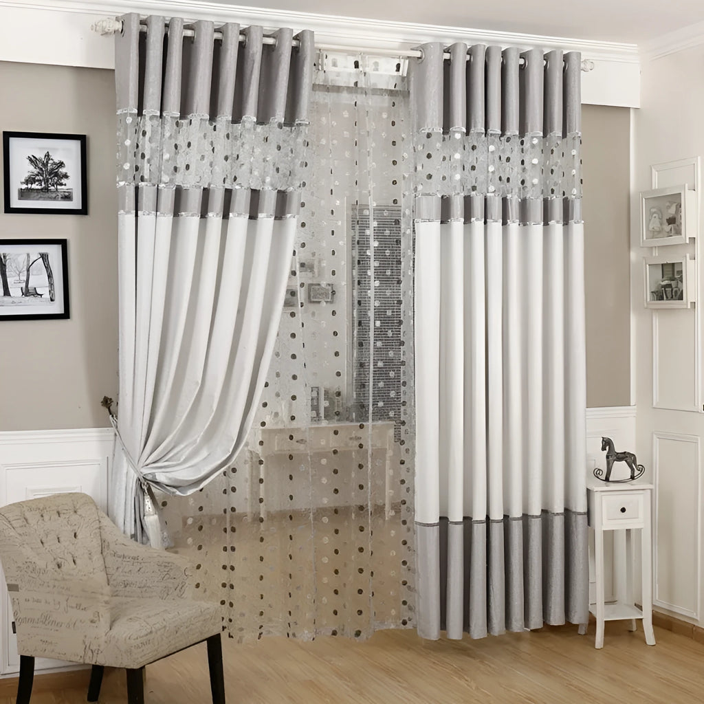 Blackout curtain panel showing hook, Korean hook and ring heading style options for light blocking window treatments