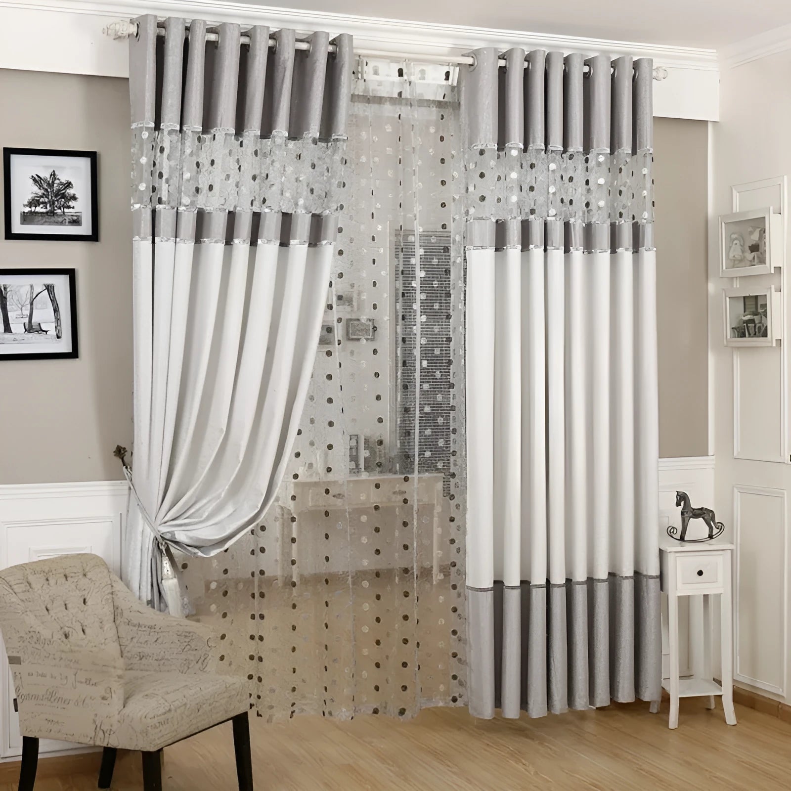 Blackout curtain panel showing hook, Korean hook and ring heading style options for light blocking window treatments