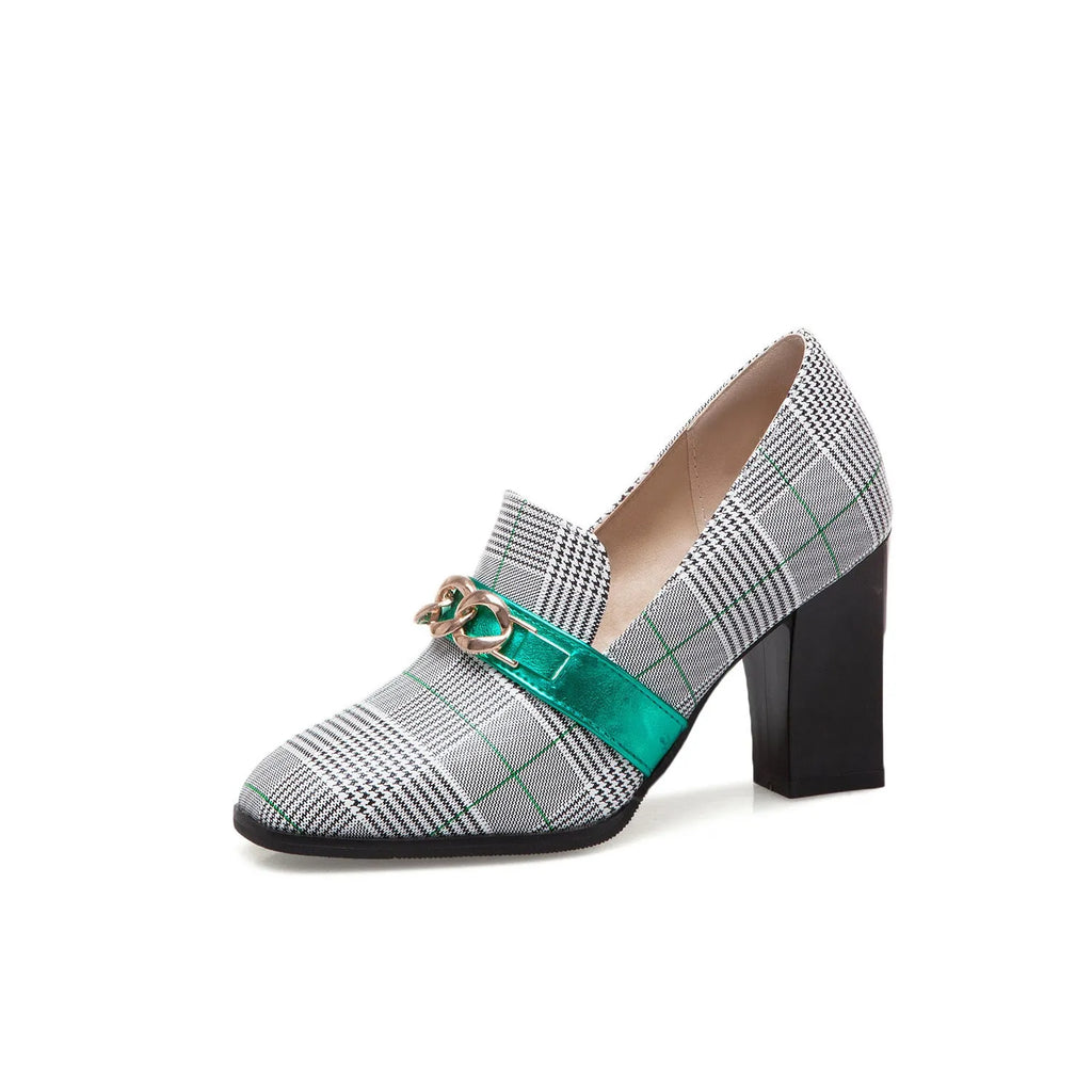 Women's metal decorative square toe slip-on shoes in green artificial PU with colour-matched metal detail