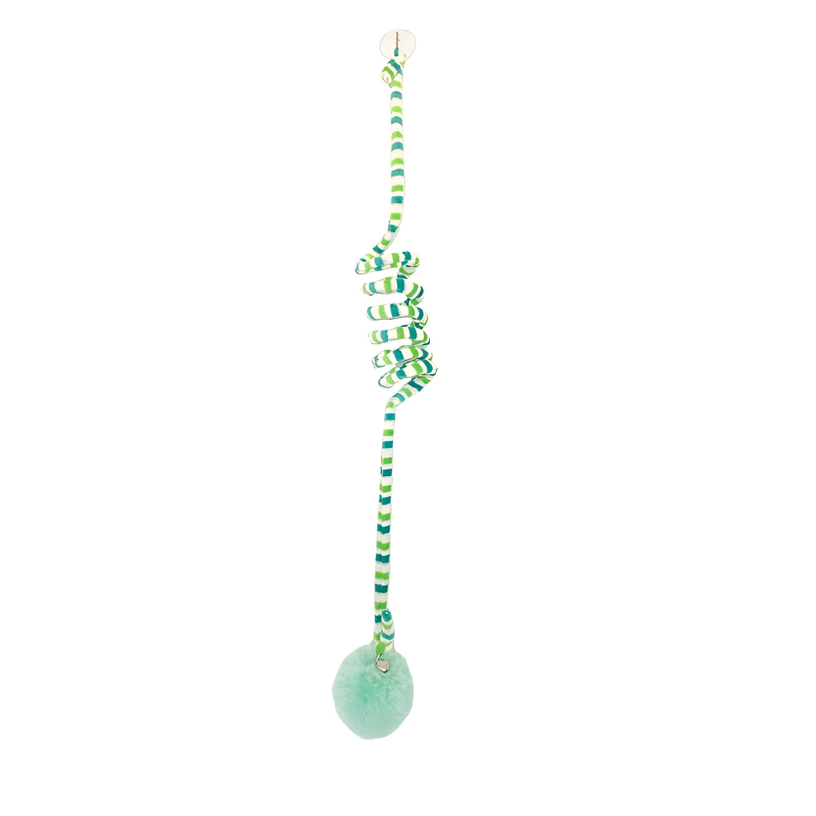 Hanging cat toy with suction cup, spring-mounted bell stick, and inflatable ball in multiple colour options