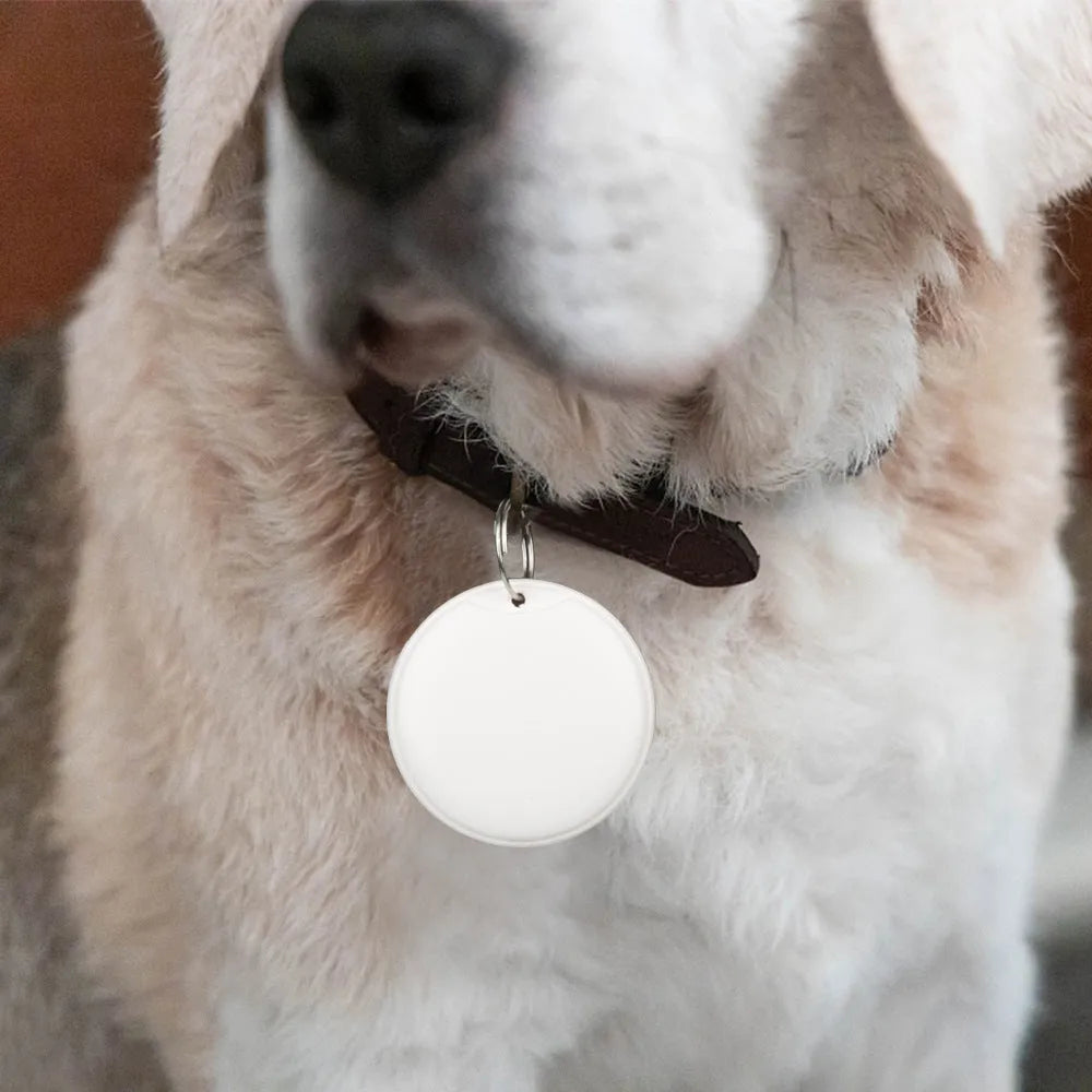 White GPS tracker device with hanging rope for attaching to keys or pet collars