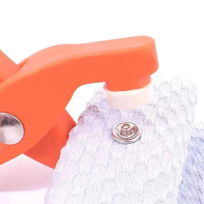 Five claw stainless steel no sew suit buttons for children's clothing, shown with plier tool.