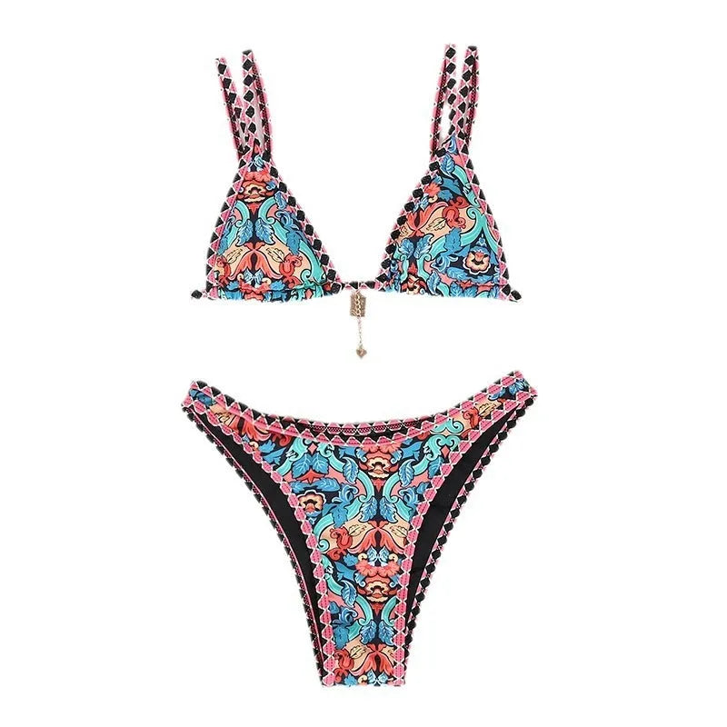 Retro printed women's bikini swimwear in polyester fabric showing orange, pink, black, and blue colour options