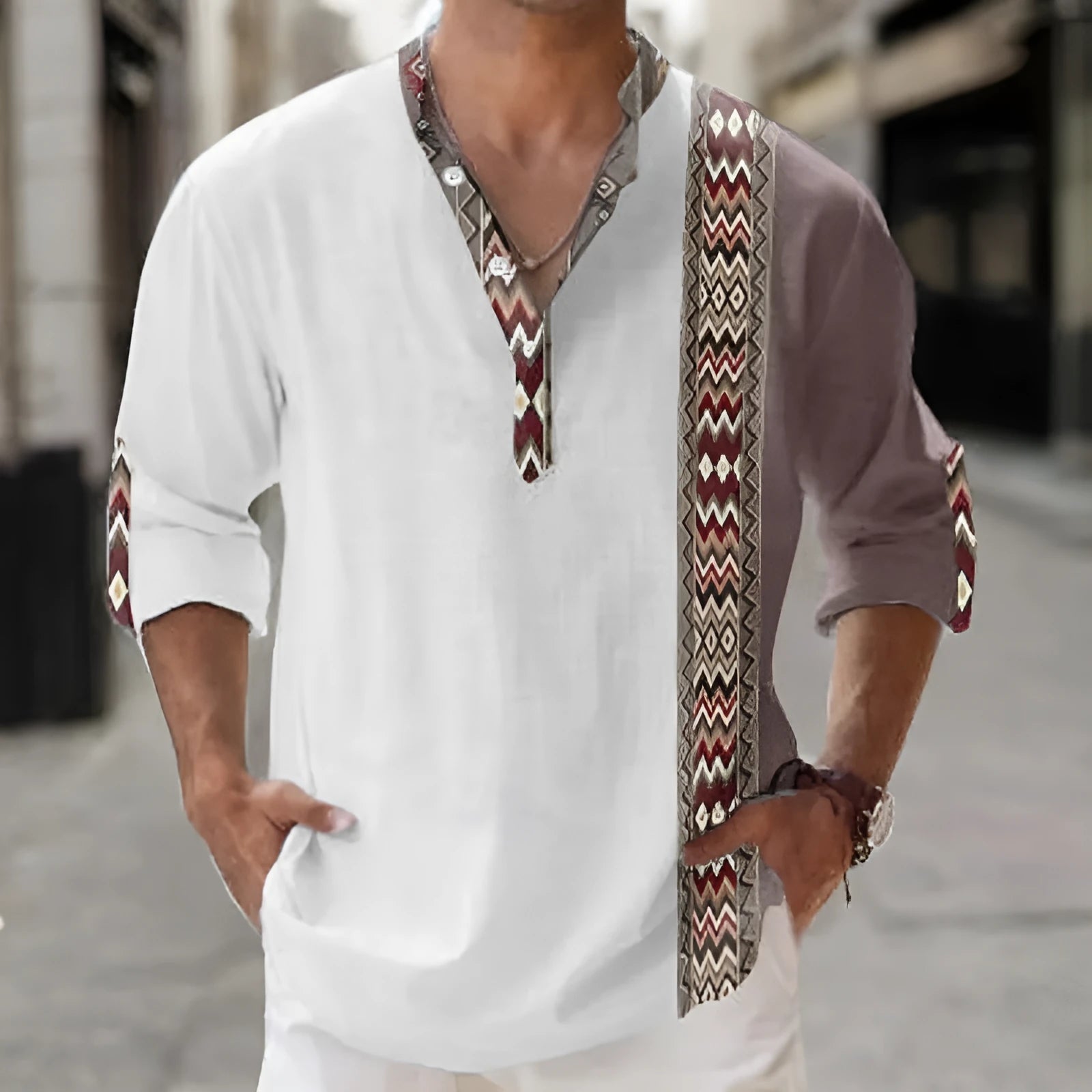 Men's thin Hawaiian long sleeve shirt in digital bamboo linen stripe pattern