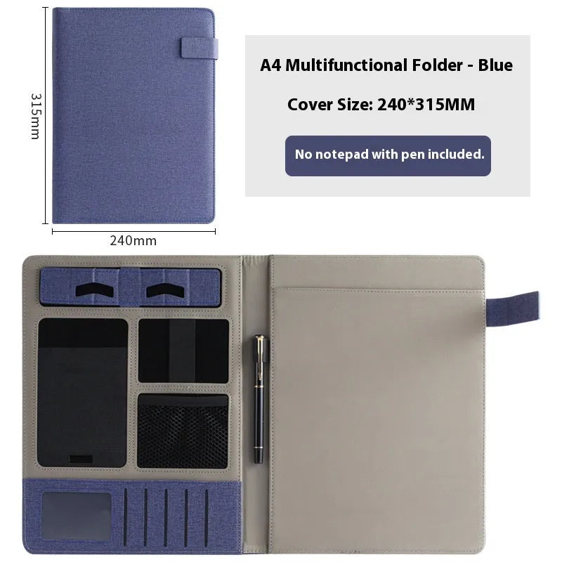 Leather A4 business folder in black, open to show interior with optional pen and notepad.