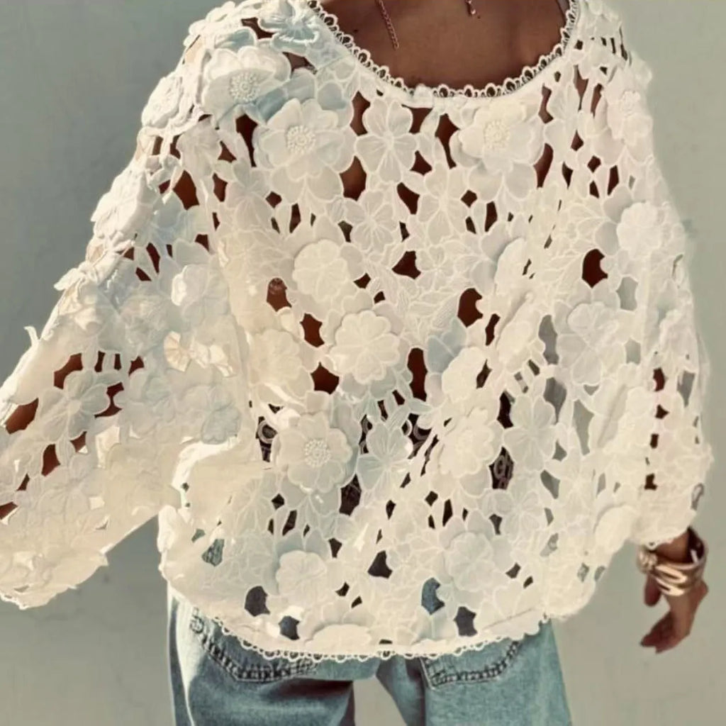 Women's black lace V-neck blouse with three-dimensional white floral decoration and long sleeves