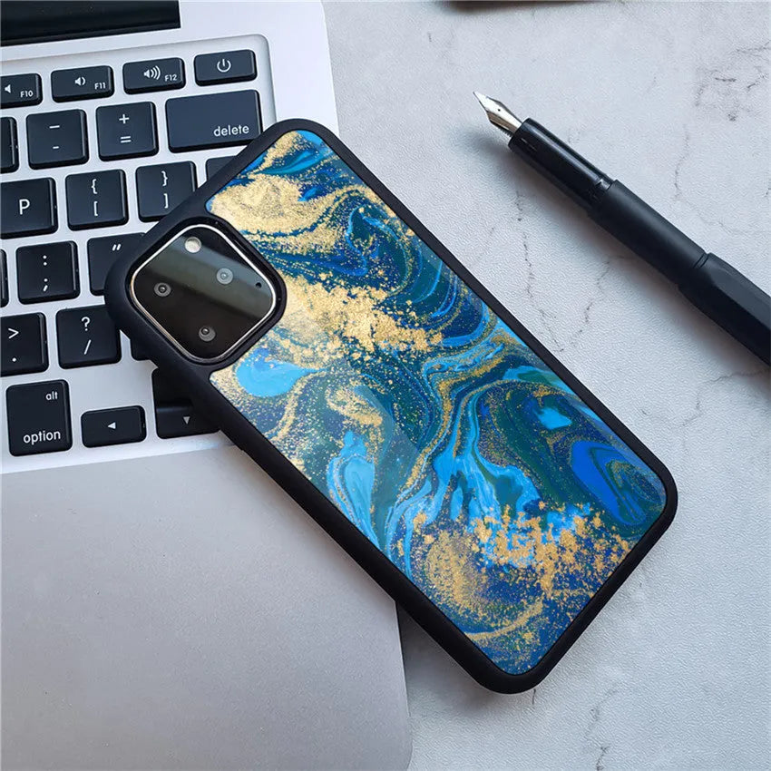 Marble phone case back cover with camouflage pattern on iPhone showing Black gold colour
