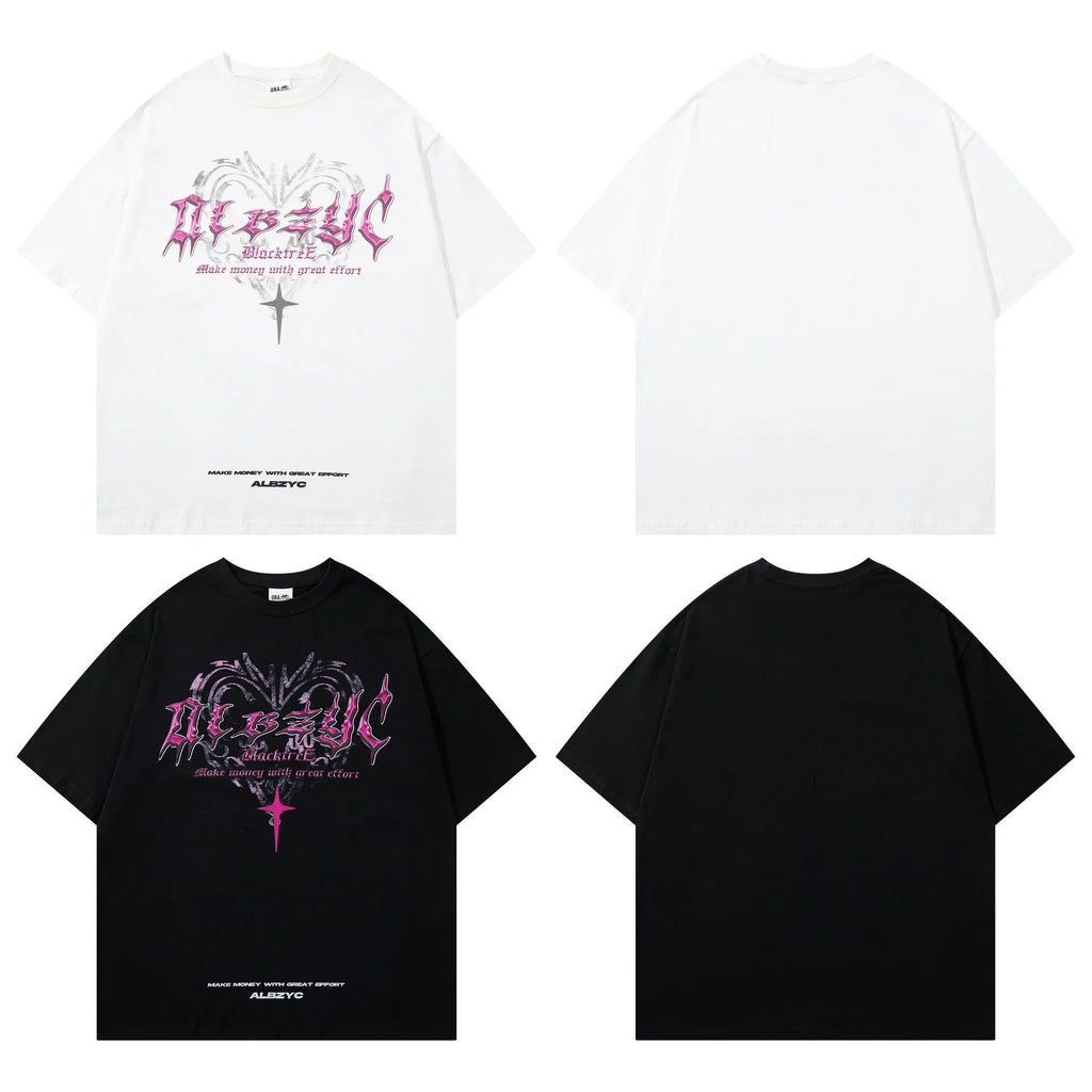 Men's black cotton t-shirt with retro printed design showing front view with short sleeves and loose fit