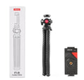Black octopus-leg mobile phone tripod set with extended aluminium centre column and attached phone clip.