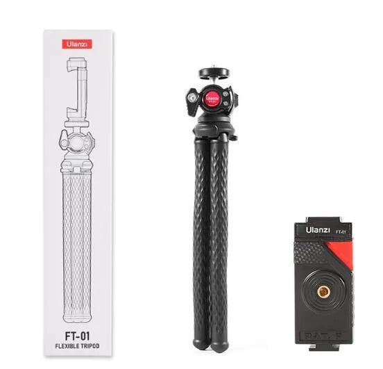 Black octopus-leg mobile phone tripod set with extended aluminium centre column and attached phone clip.