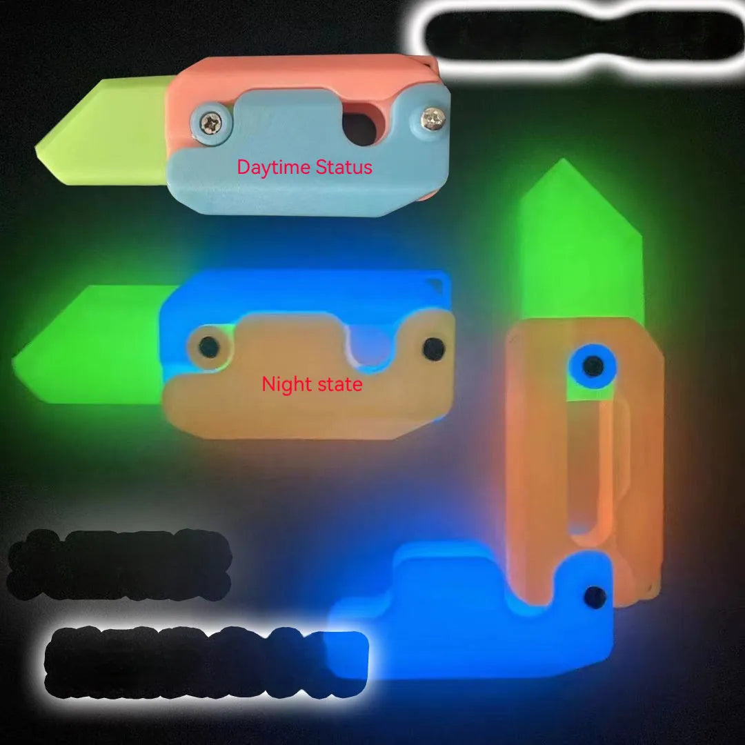 Carrot-shaped 3D printed plastic gravity fidget knife with orange purple green colour scheme