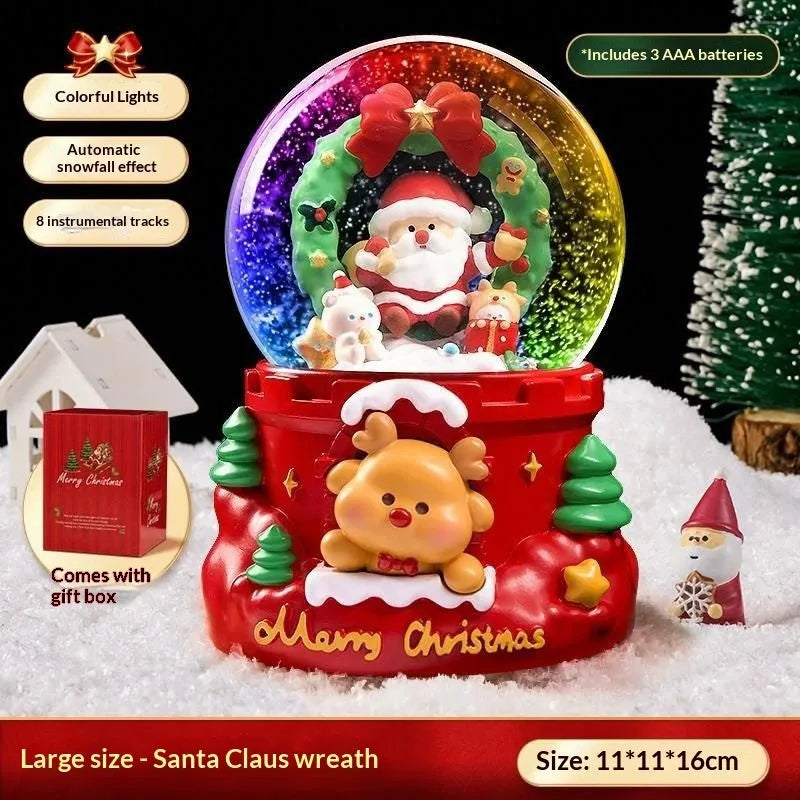 Christmas crystal ball music box with automatic snow, internal lights, and a Santa Claus scene inside a glass dome on a resin base