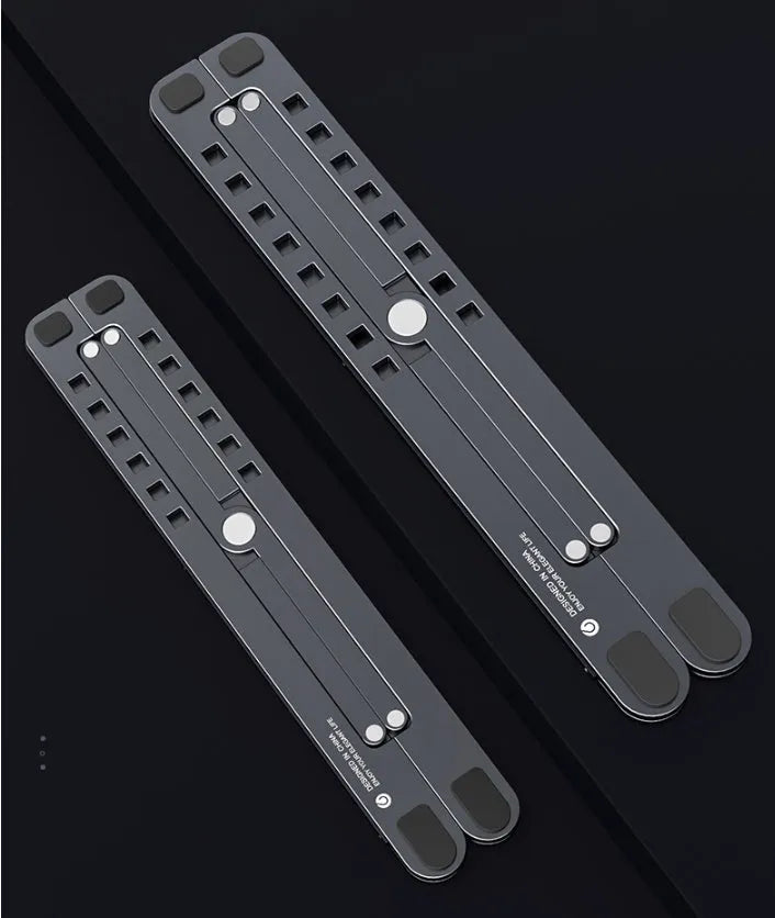 Portable aluminum laptop stand folded and unfolded, showing adjustable height and silver colour