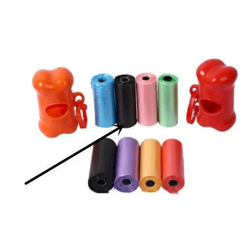 Roll of multi-coloured dog waste bags showing black, blue, green, and pink examples