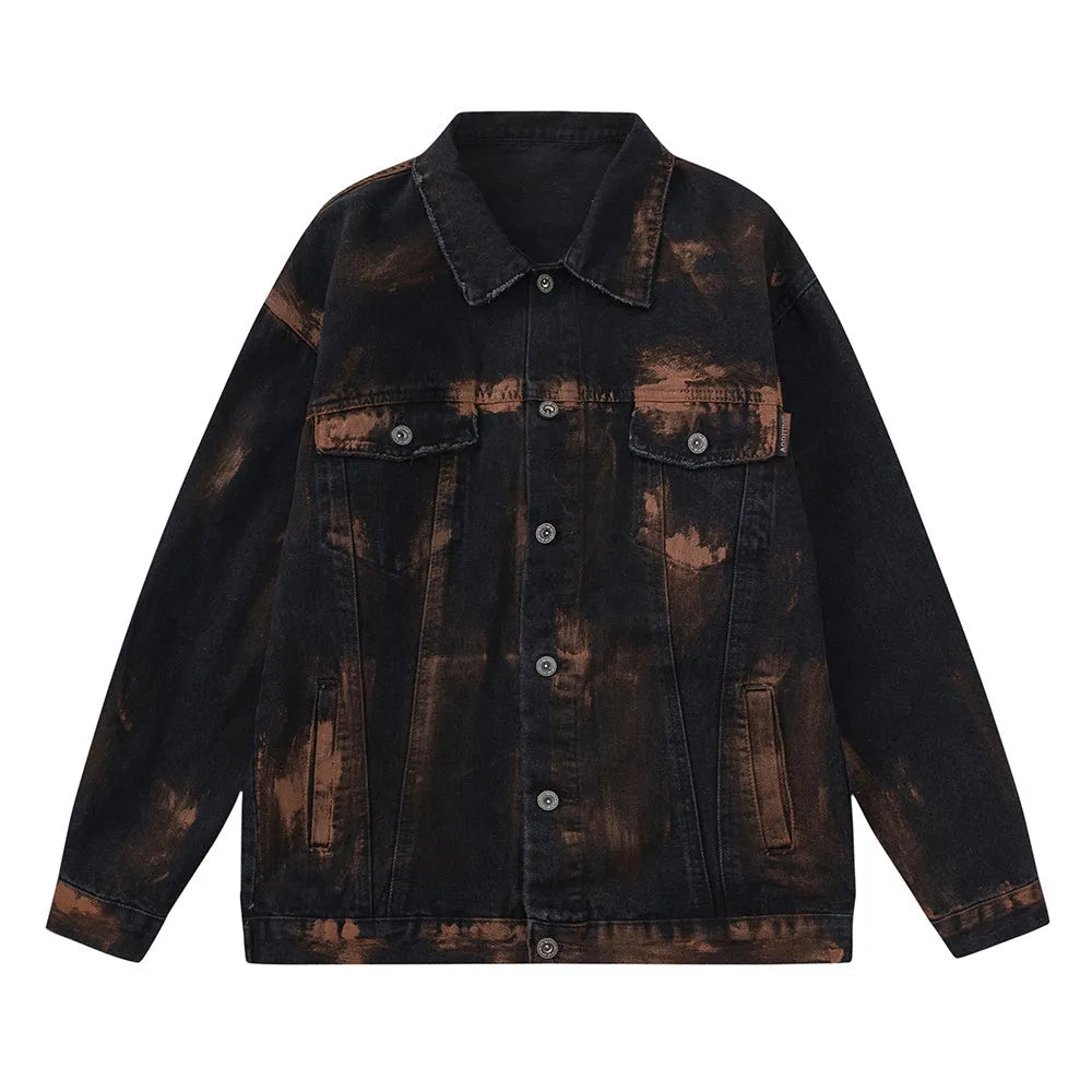 Black men's cotton denim jacket with fashion holes and street style design
