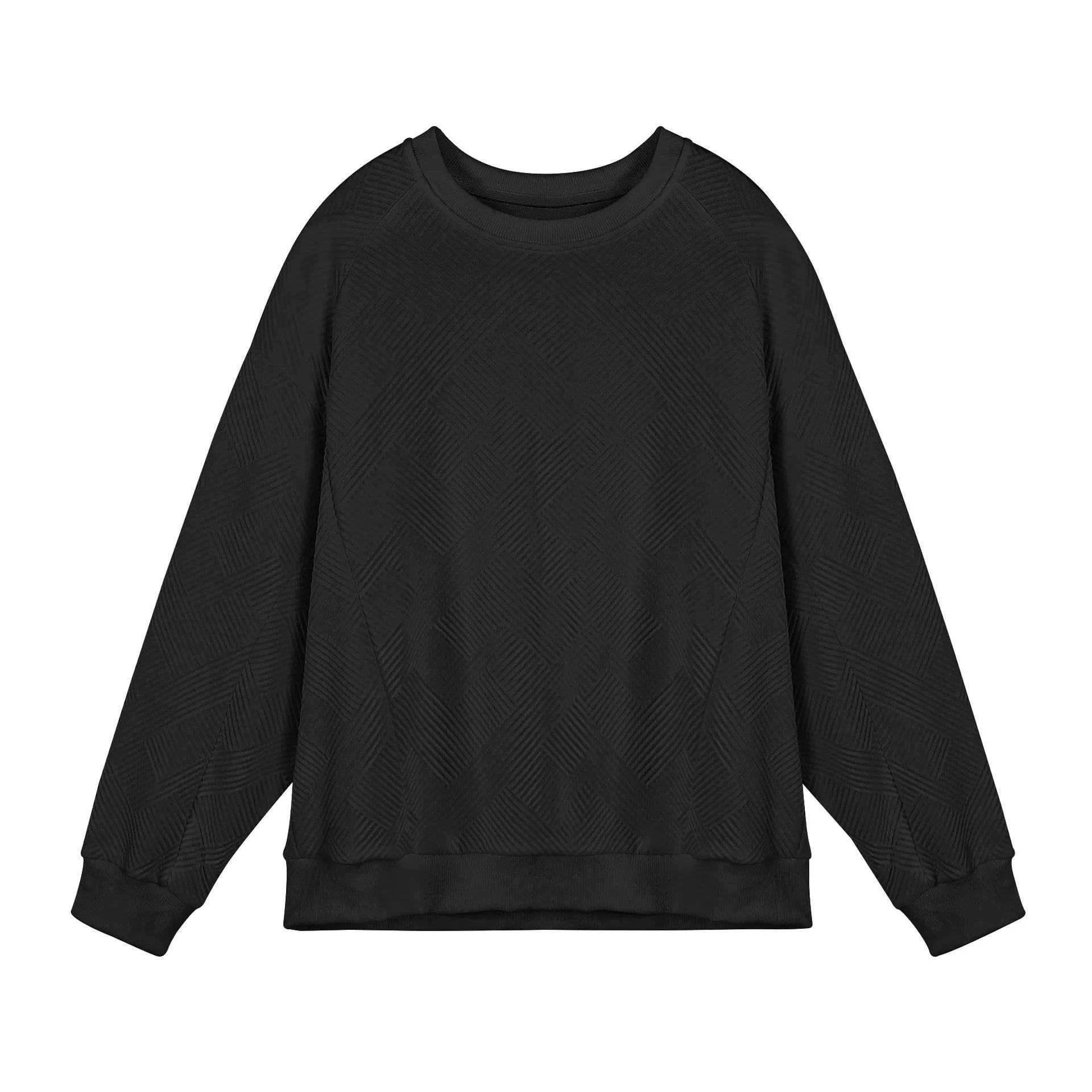 Men's loose fit long-sleeved twill jacquard sweater in a solid colour on a hanger