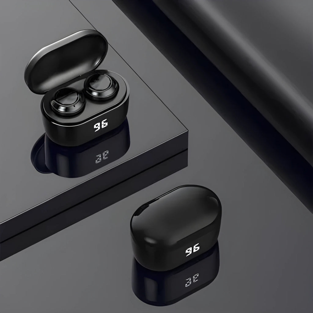 Black bilateral stereo Bluetooth headset with earplug design on a white background.