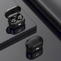 Black bilateral stereo Bluetooth headset with earplug design on a white background.