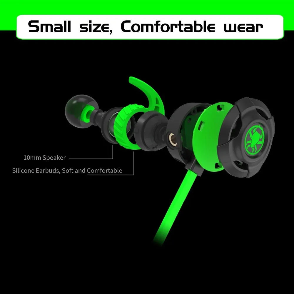 Shuangmai wired in-ear computer gaming headset in black, green, and red colours.