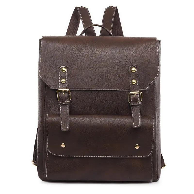 Korean style soft PU retro backpack shown in black, brown, creamy white, and dark brown colours.