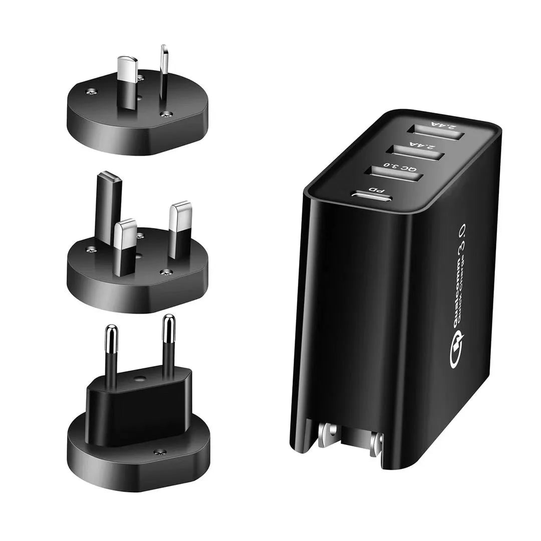 White multi-port fast charger with PD and QC support showing UK plug configuration