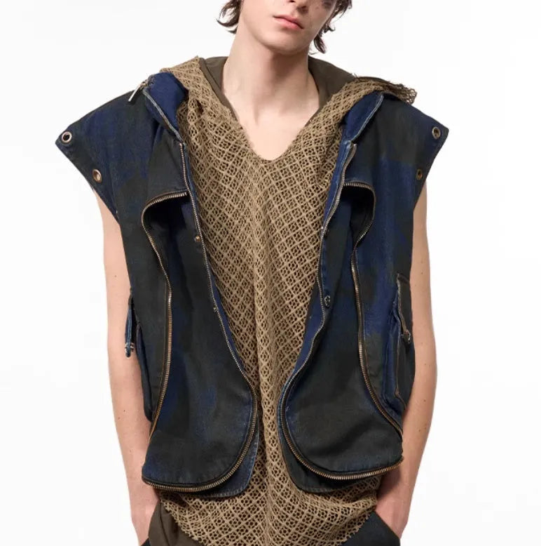 Blue hooded denim vest coat with matching trousers Korean style set