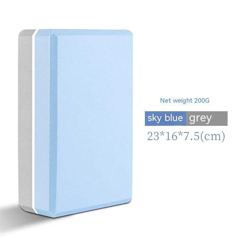 A high-density EVA yoga block in a choice of solid colours or printed designs, measuring 23cm by 15cm.