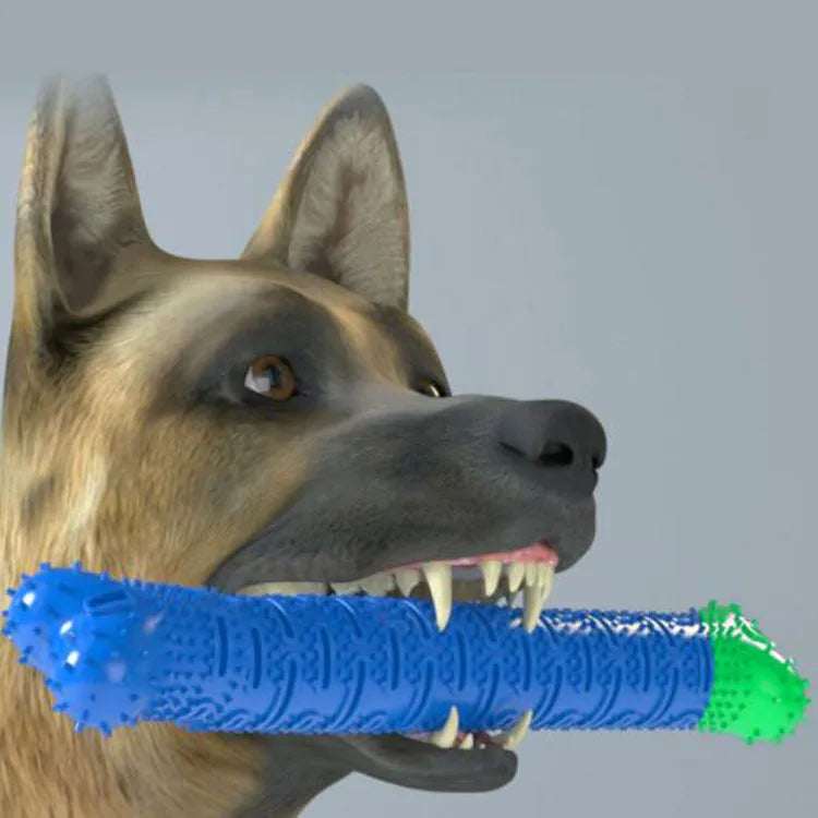 Blue green dog toothbrush chew toy with serrated cleaning head and gum massage nodules