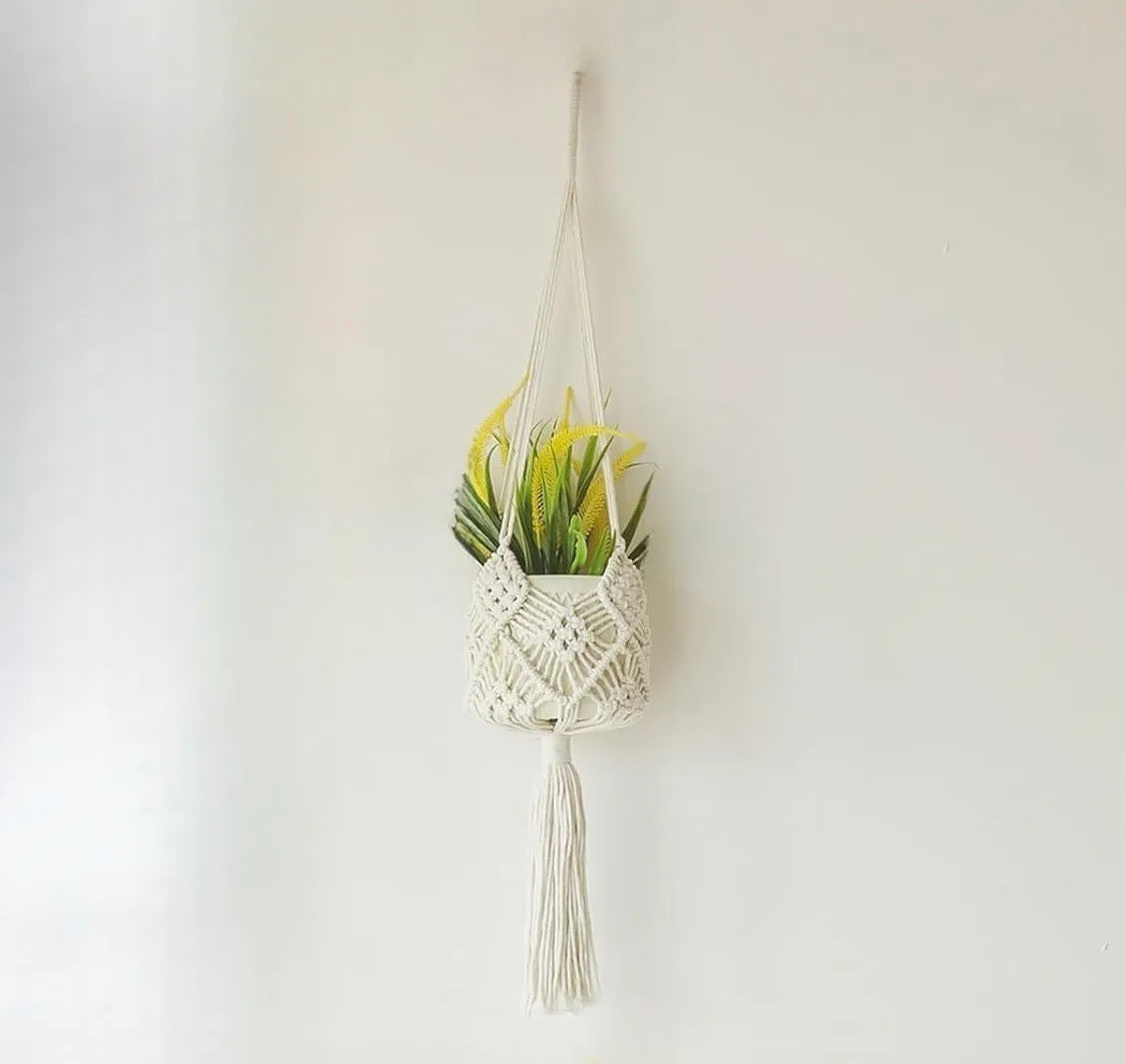 Hand-woven minimalist flower pot in polyester cotton fabric shown in brown colour
