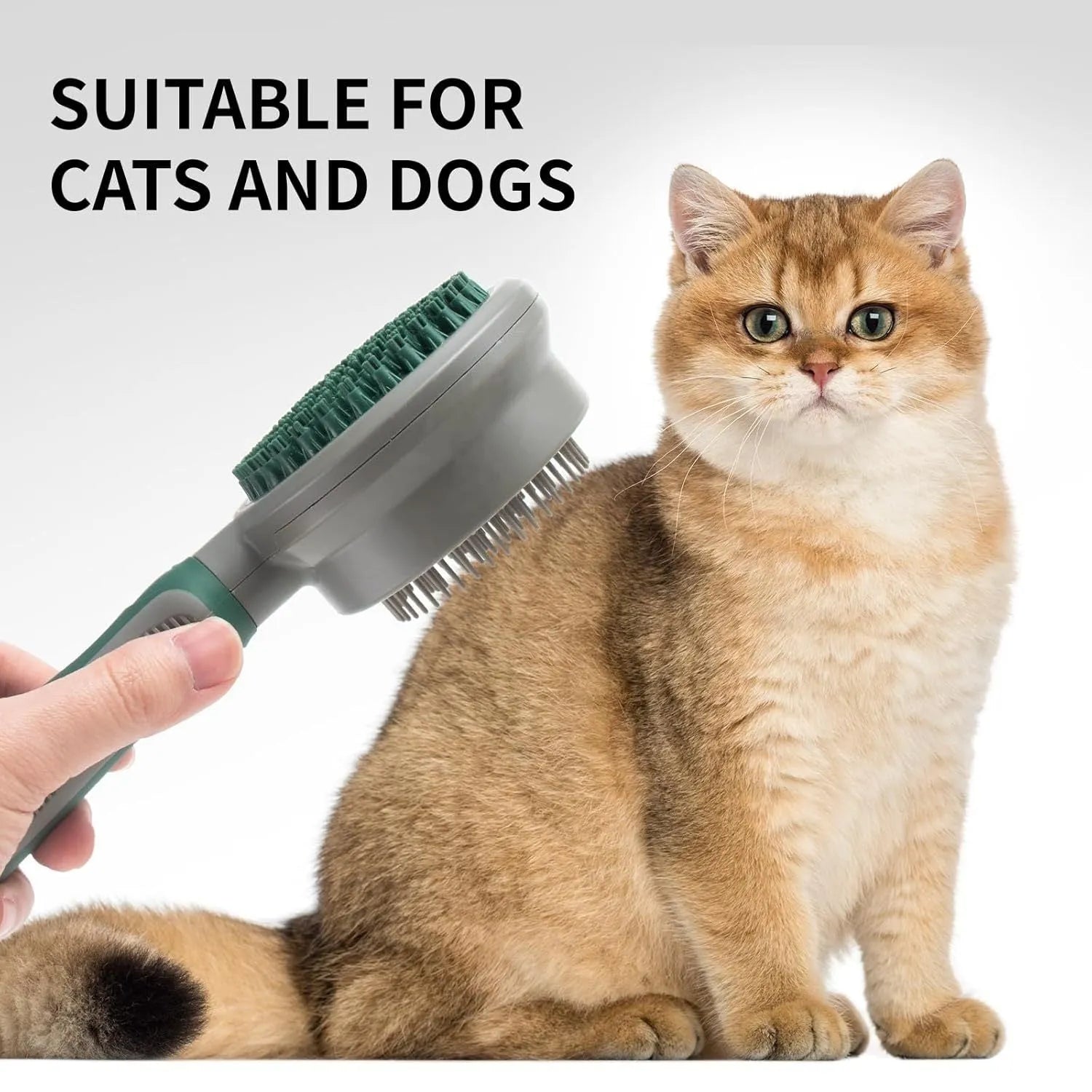 Green and pink dual-sided pet grooming brush showing slicker brush and silicone massager sides.