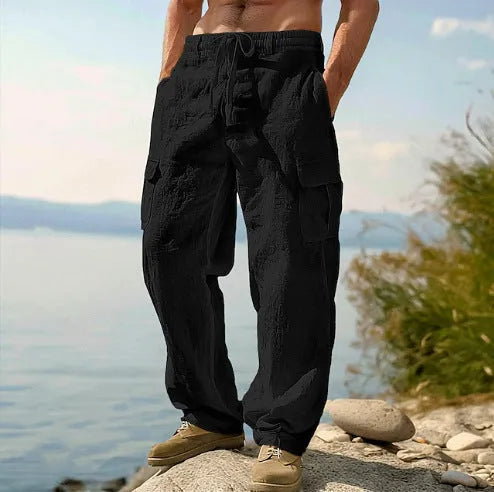 Men's cotton wide-leg casual trousers in seven colours with elastic mid waist