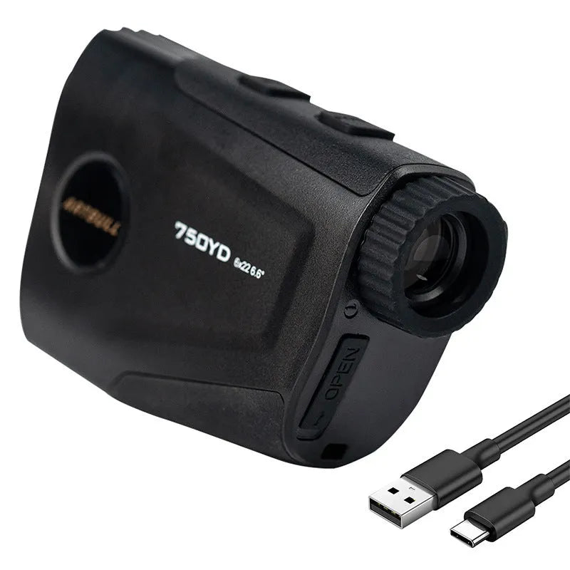 Golf laser rangefinder with slope compensation and USB-C charging showing LCD display with distance measurement