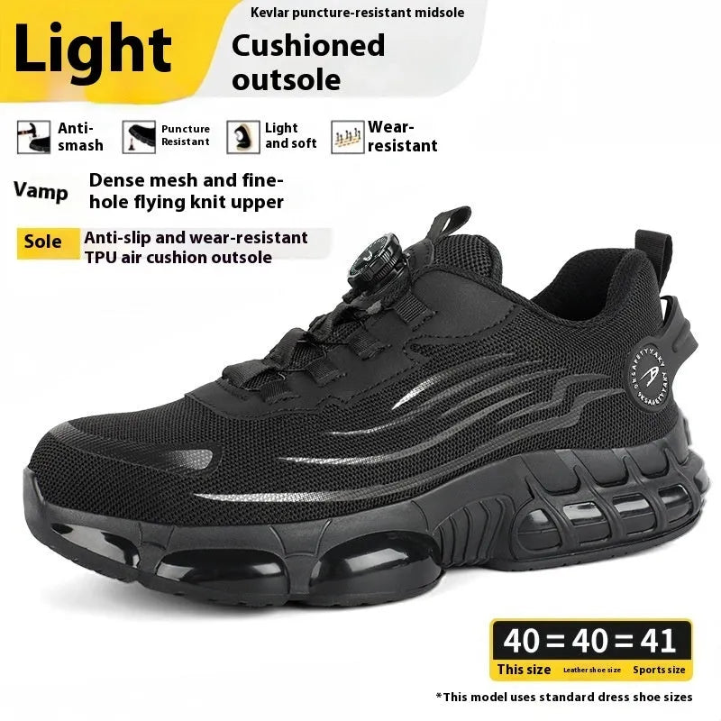 Anti-smash anti-puncture TPU Flyknit mesh work shoes in black and grey, Knob series safety footwear