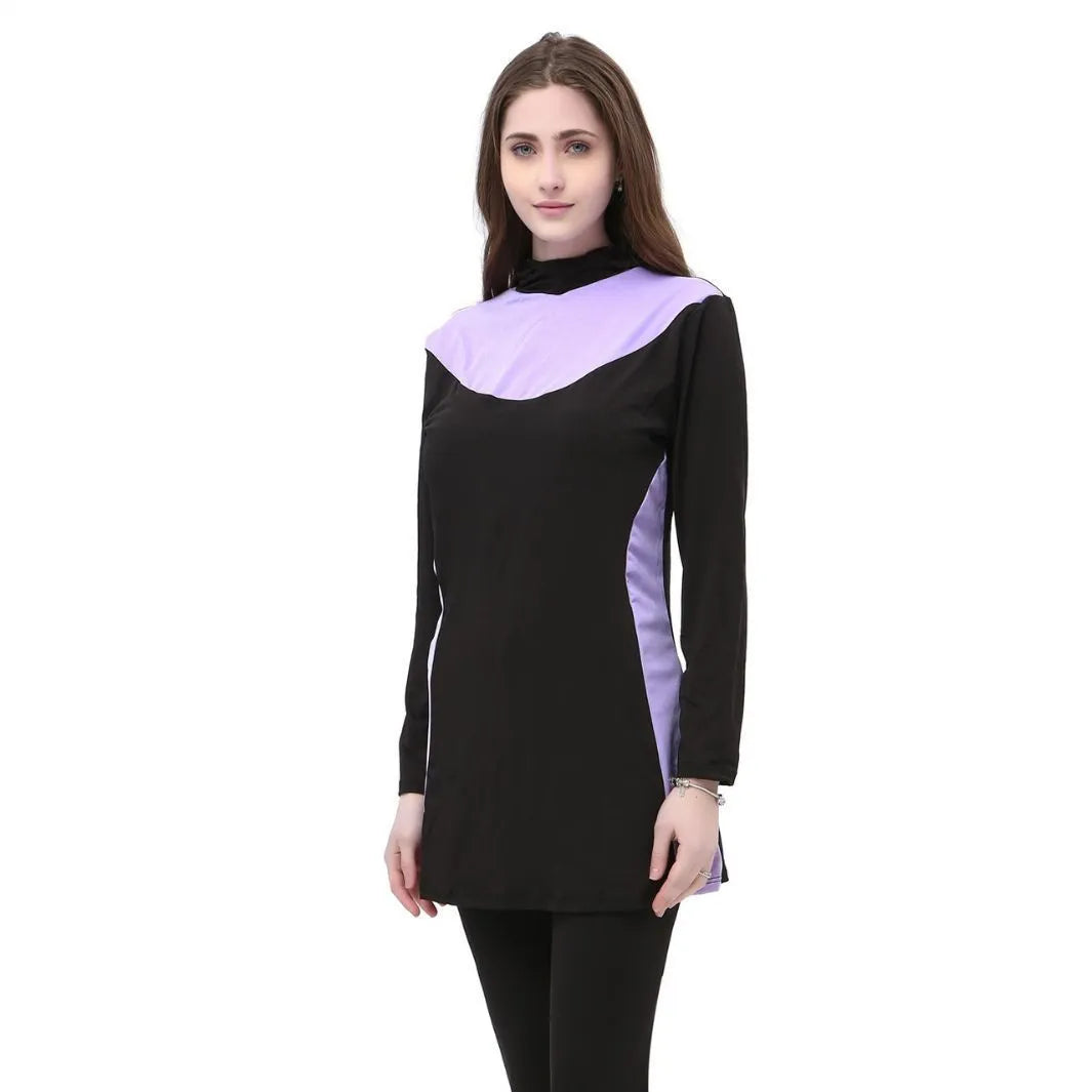 Conservative black women's hooded swimsuit with long sleeves, shown as a two-piece set.