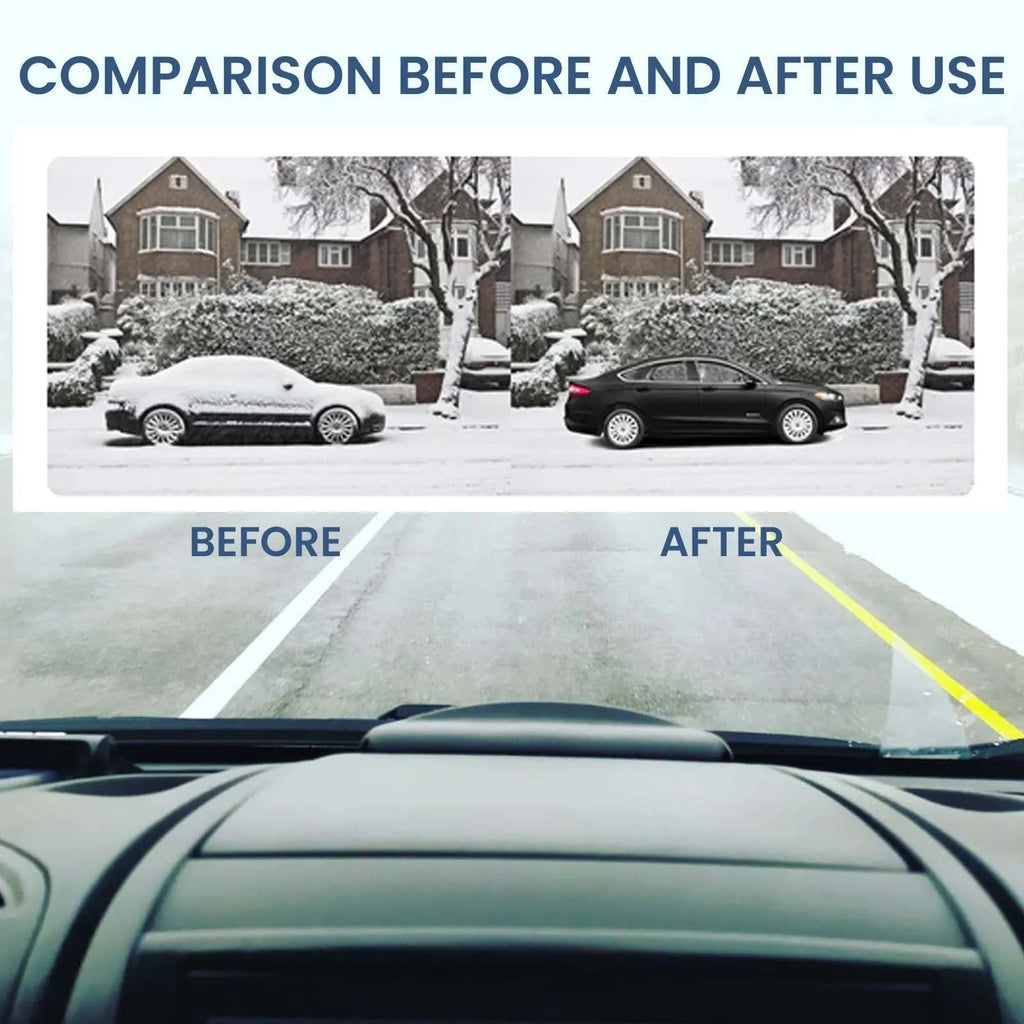 Black car snow deicer tool measuring 5cm by 2.6cm by 1.5cm on a car dashboard.