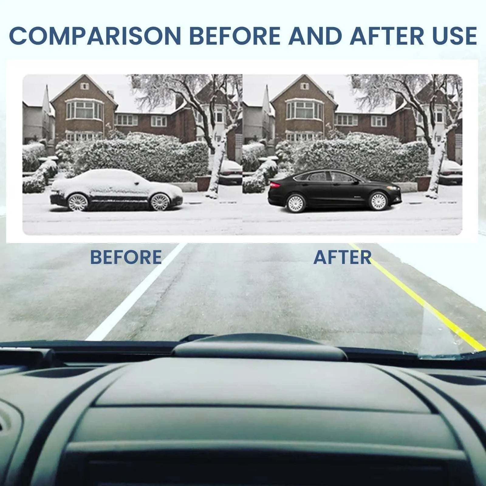 Black car snow deicer tool measuring 5cm by 2.6cm by 1.5cm on a car dashboard.