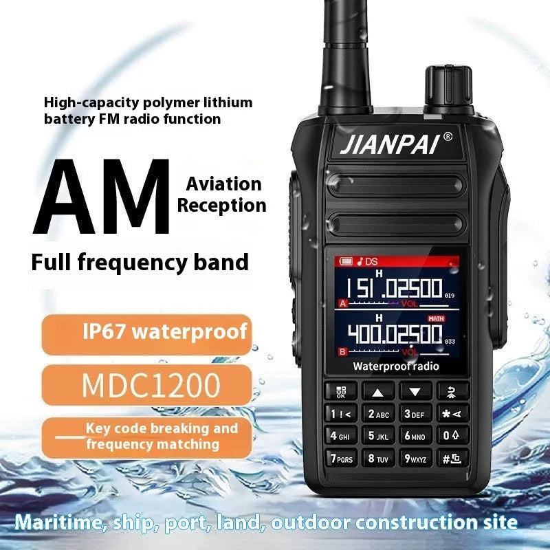 Black Interphone Aviation Full Band waterproof motorcycle Bluetooth communication headset with antenna and accessories.
