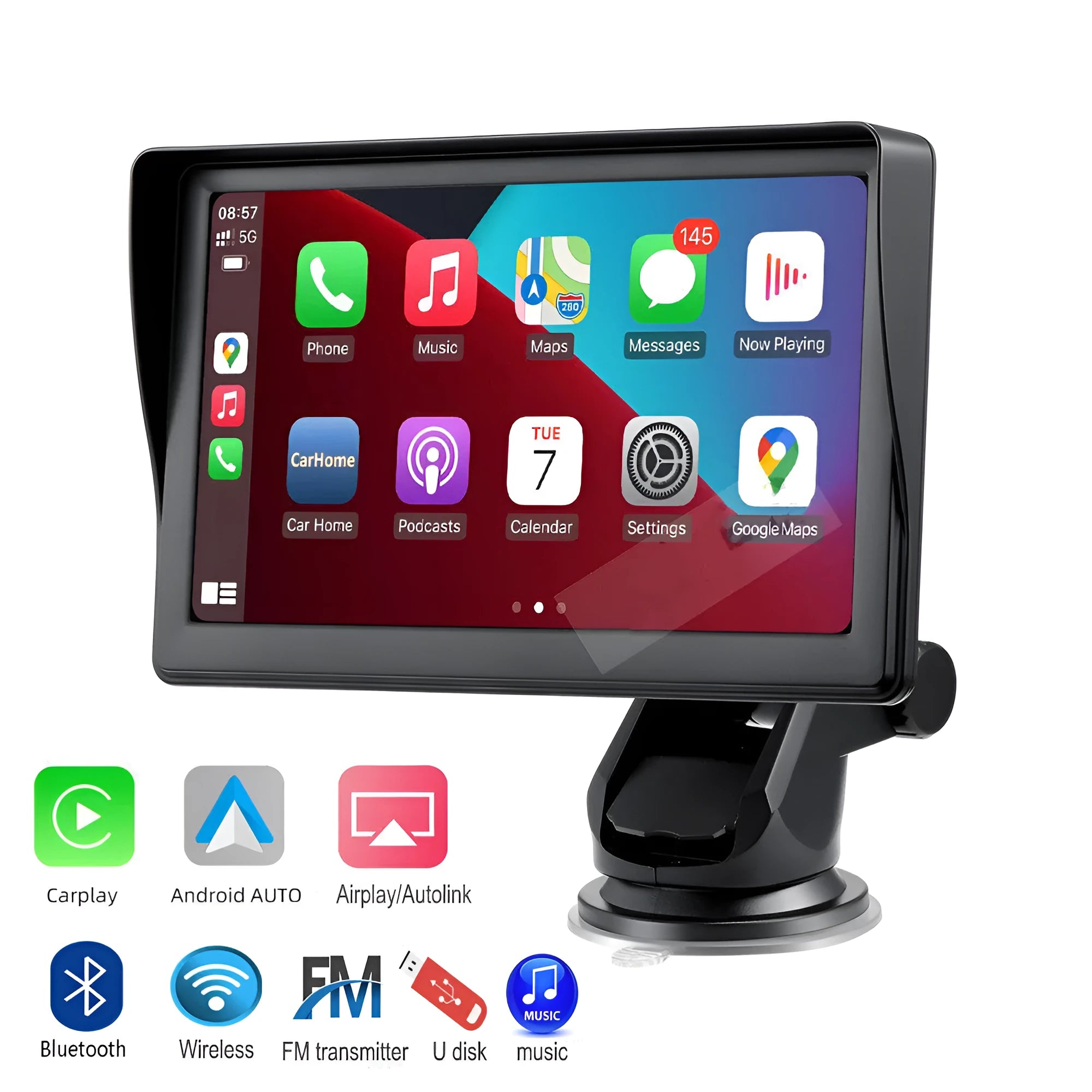 7-inch portable car smart screen with wireless CarPlay on a retractable windshield mount