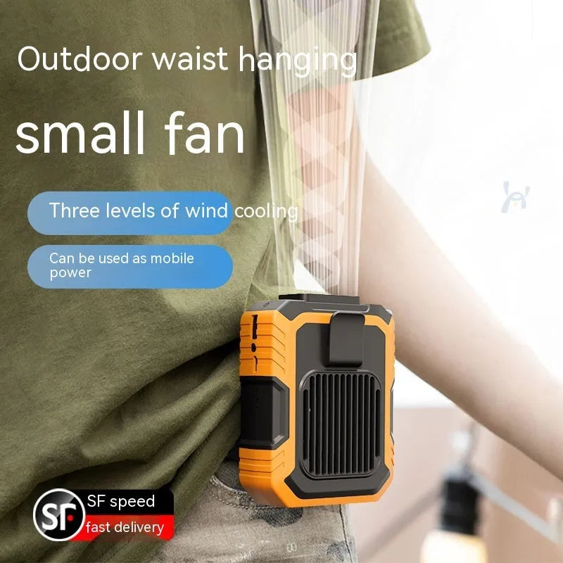 Green wrist-hanging portable fan with integrated light and USB charging port on a white background.