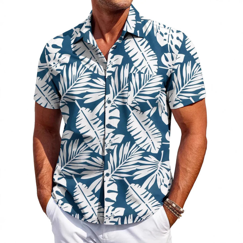 Man wearing a slim fit Hawaiian pattern short sleeve shirt in elastic polyester fabric.