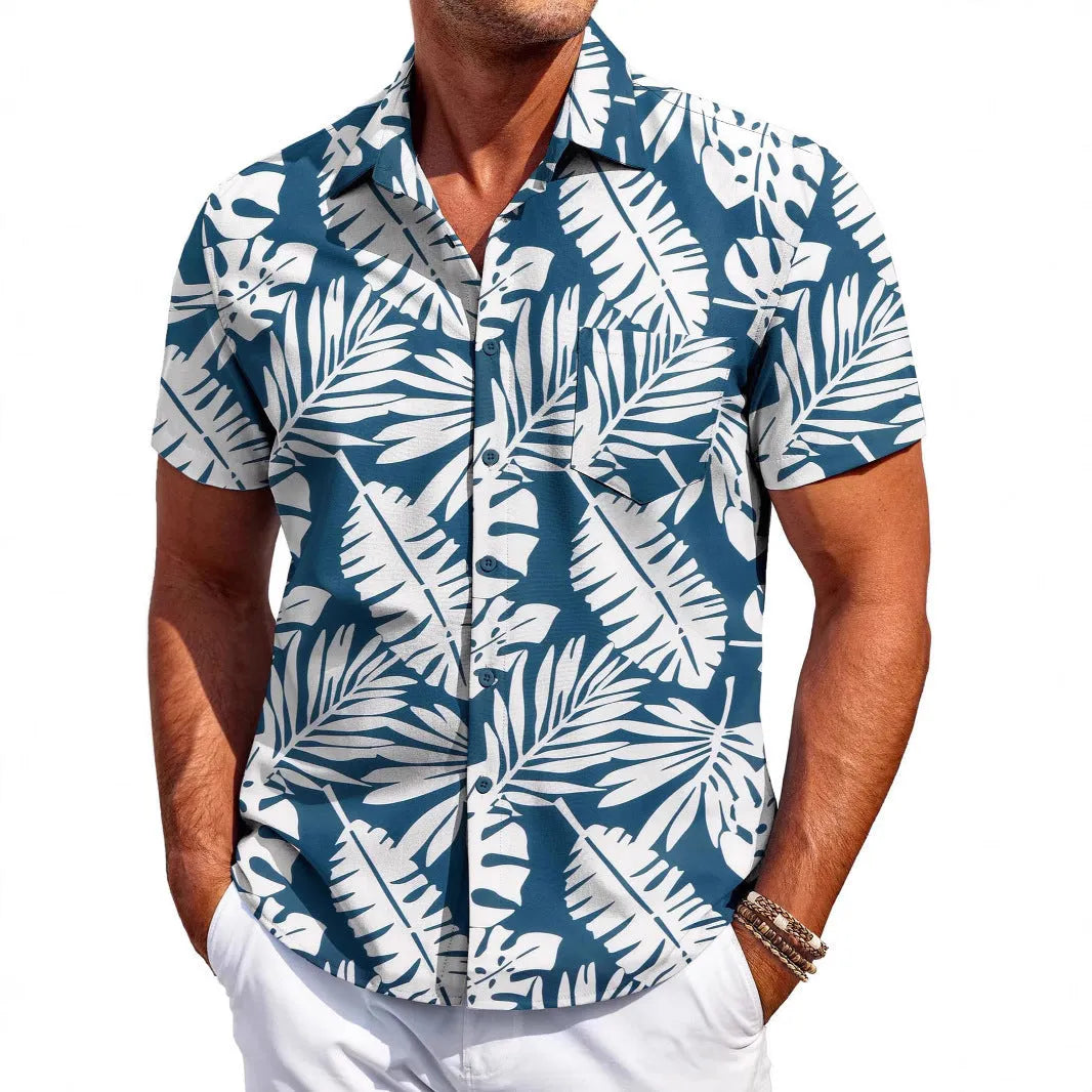 Man wearing a slim fit Hawaiian pattern short sleeve shirt in elastic polyester fabric.