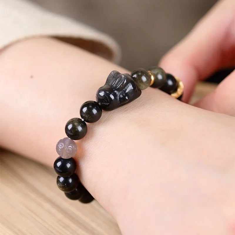 Handmade lying rabbit obsidian bracelet in Chinese national style with 8mm and 10mm width options