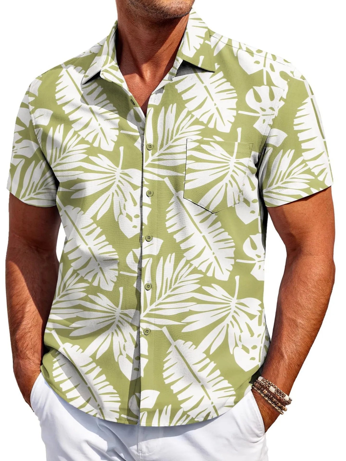 Man wearing a slim fit Hawaiian pattern short sleeve shirt in elastic polyester fabric.