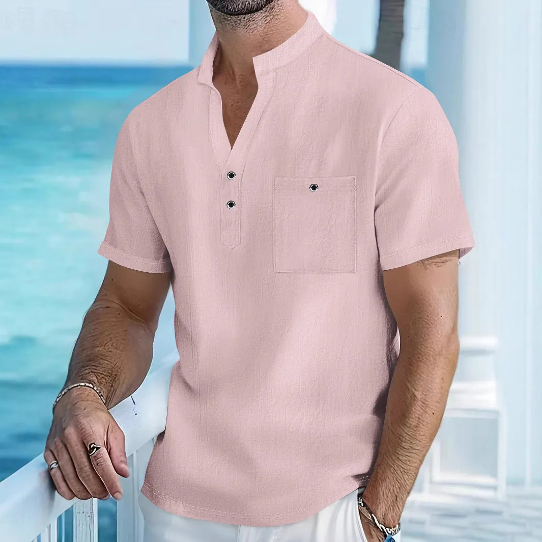 Men's linen short sleeve shirt with stand collar in light blue colour