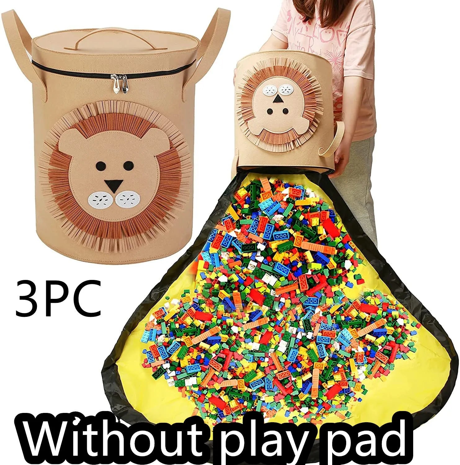 Green felt cube storage bag with pull rope shown as both a toy play mat and closed storage container