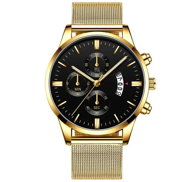 Men's stainless steel mesh band quartz watch showing analogue dial and choice of colour finishes.