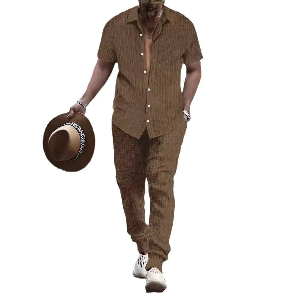 Men's casual loose short sleeve shirt and trousers beach suit set in white, cotton blend fabric