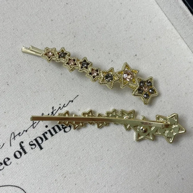 Gold alloy hair barrette with five-pointed star decoration for women's hairstyling