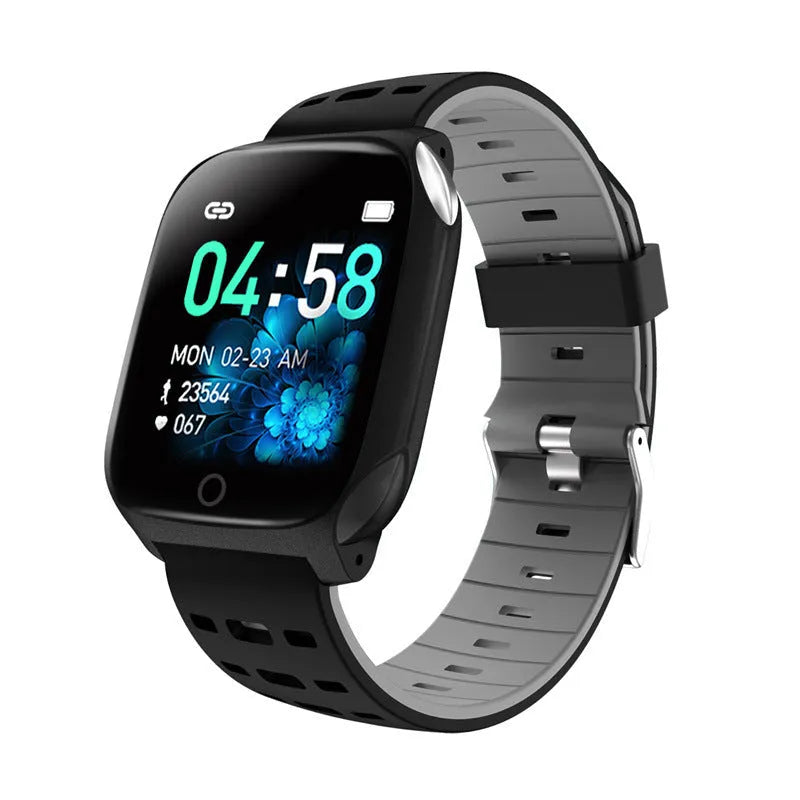 F16 Smart Watch with ECG monitor on wrist, showing black grey colour option with IPS touch screen.
