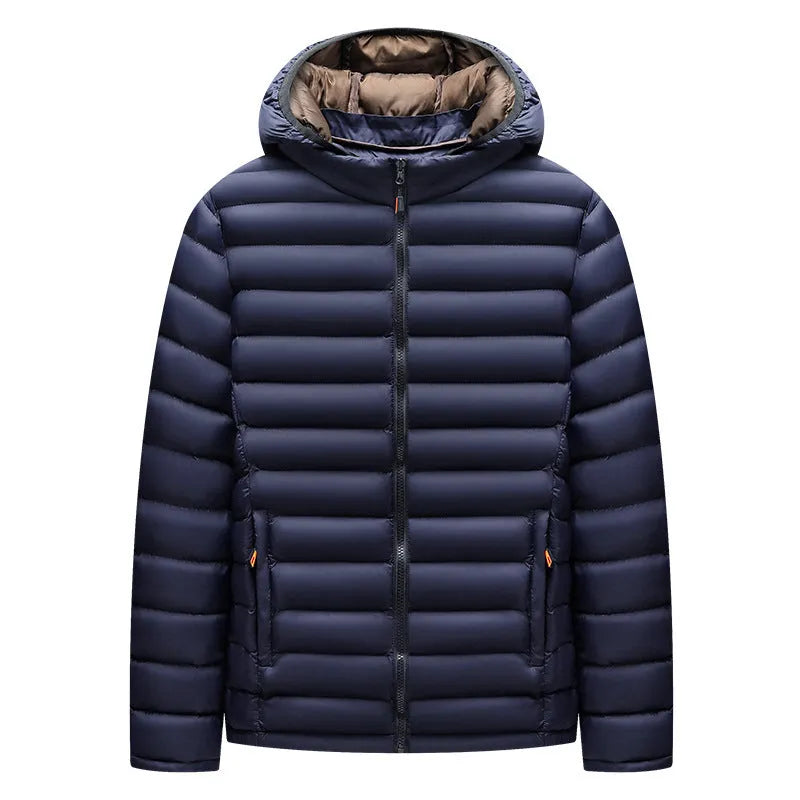 Men's lightweight hooded down jacket in army green with detachable collar and zipper pockets